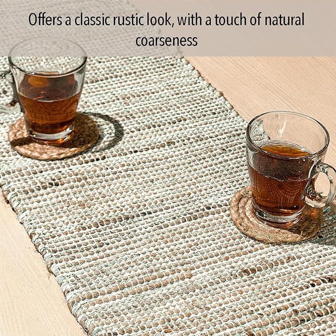 Chardin home Natural Jute Table Runner 13x36 Inch – Vintage Boho Rustic Table Decor – Handwoven Table Runner in Natural Jute and Sage Green-White – Farmhouse Dining or Console Table Accent