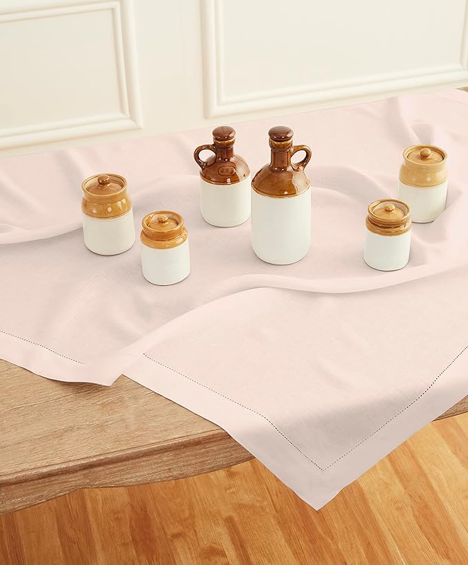 Solino Home Pink Linen Tablecloth 52 x 52 Inch - 100% Pure Linen Square Table Throw - Classic Hemstitch, Machine Washable Table Cloth for Halloween