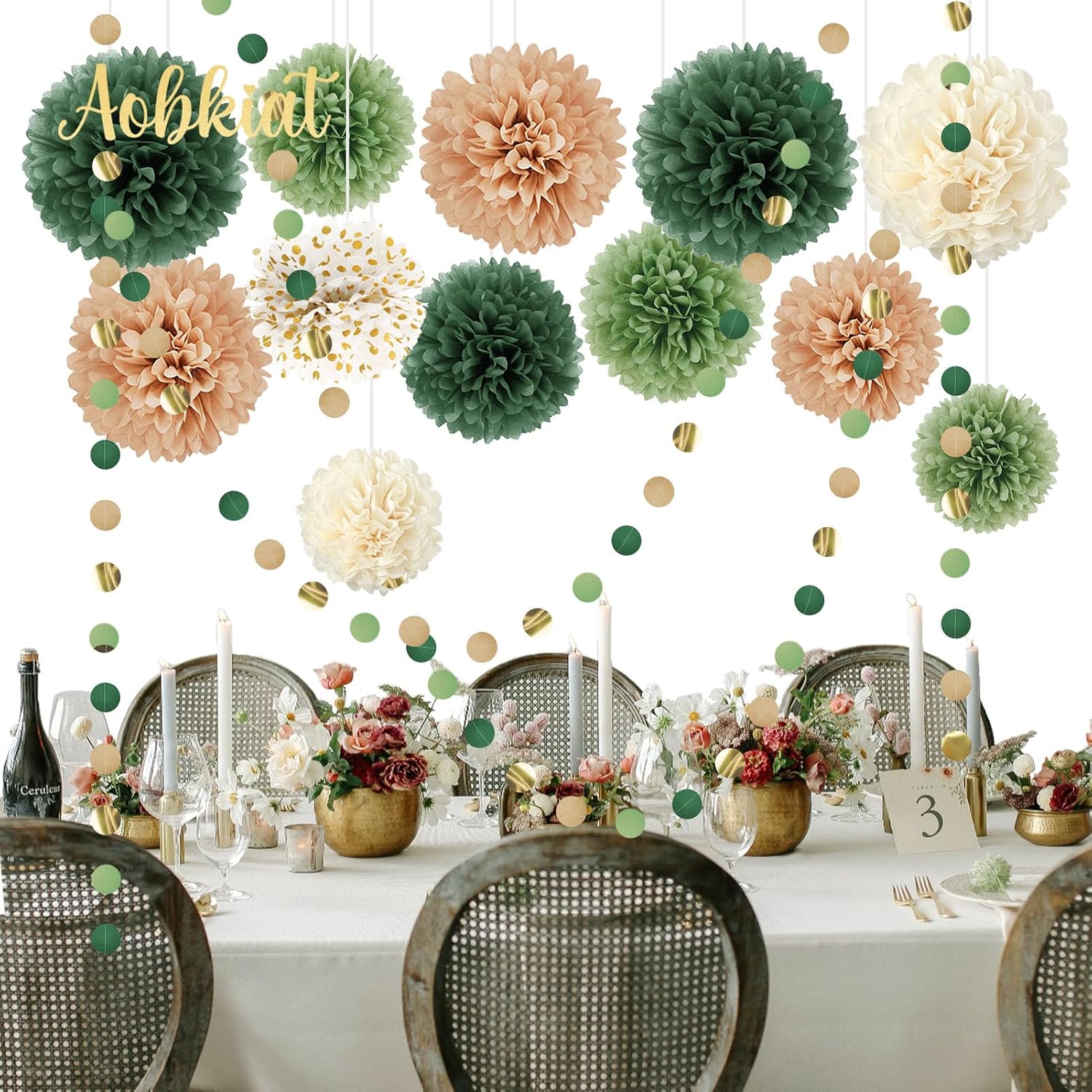 AOBKIAT Wedding Party Decorations Set,15PCS for Green Neutral Baby Shower | Green Khaki Tissue Paper Pom Poms,Garland String Hanging Backdrop for Engagement,Green Boho Themed,Bridal Shower