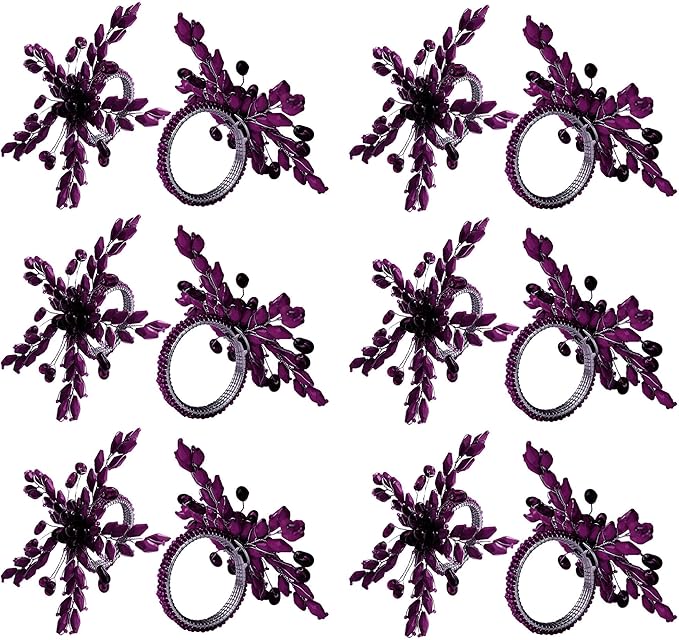 Napkin Rings Set of 12 for Dining Table Decoration Parties Everyday Metal Napkin Holder Leaf Purple (Pack of 12)