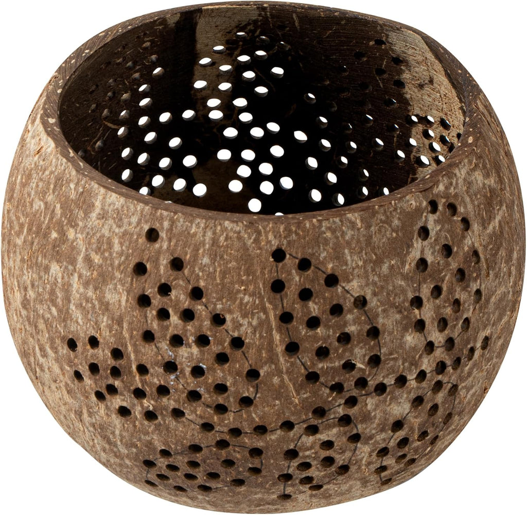 Restaurantware-Coco Casa 4 x 3.3 Inch Coconut Shell Candle Holders, 10 Reusable Tealight Holders - Candle Not Included, Leaf Pattern, Brown Coconut Bowls For Candles, Handcrafted