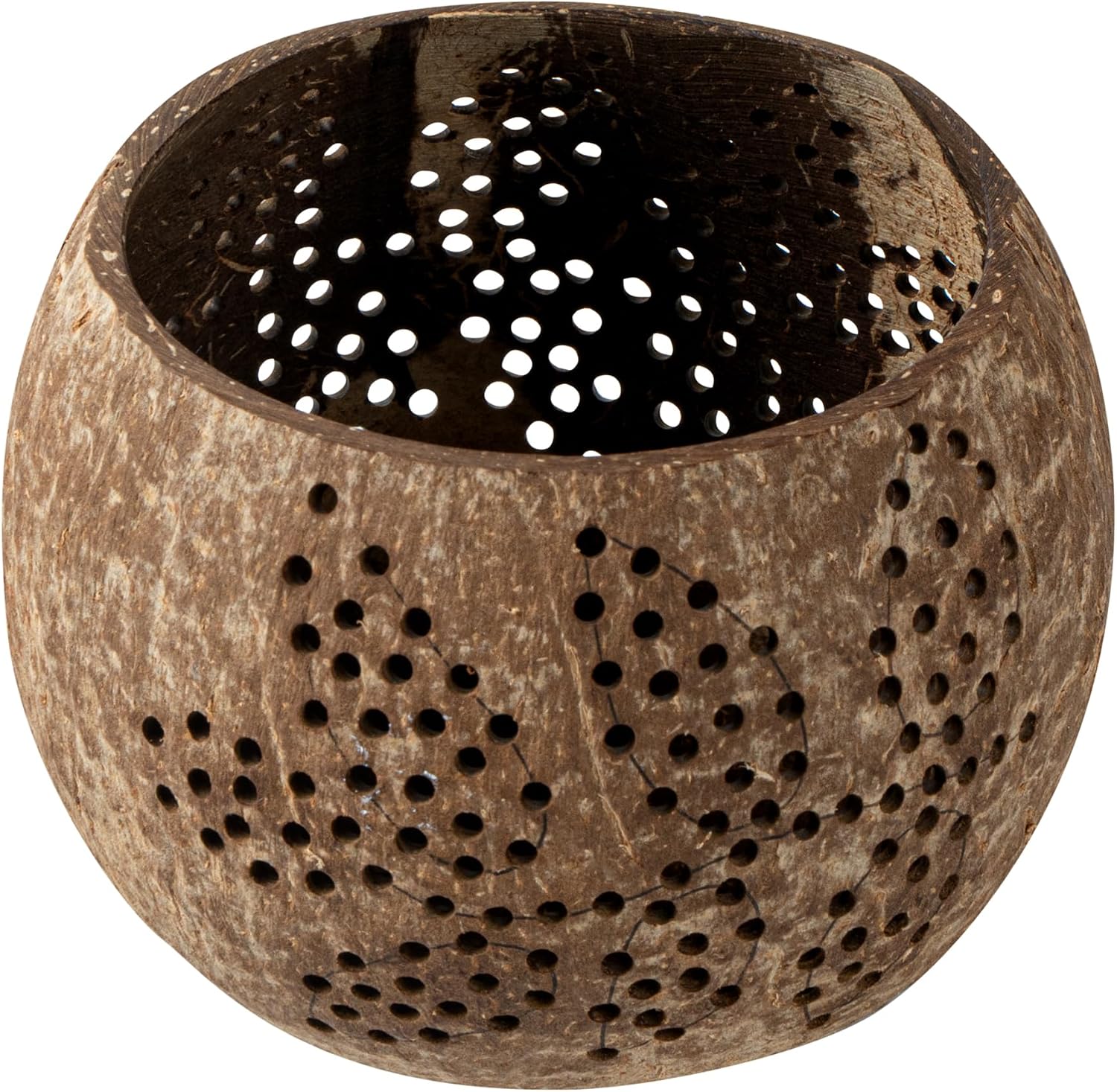 Restaurantware-Coco Casa 4 x 3.3 Inch Coconut Shell Candle Holders, 10 Reusable Tealight Holders - Candle Not Included, Leaf Pattern, Brown Coconut Bowls For Candles, Handcrafted