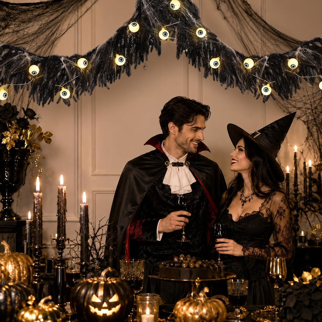9ft black halloween garland with eyeball string light on a desk or shelf