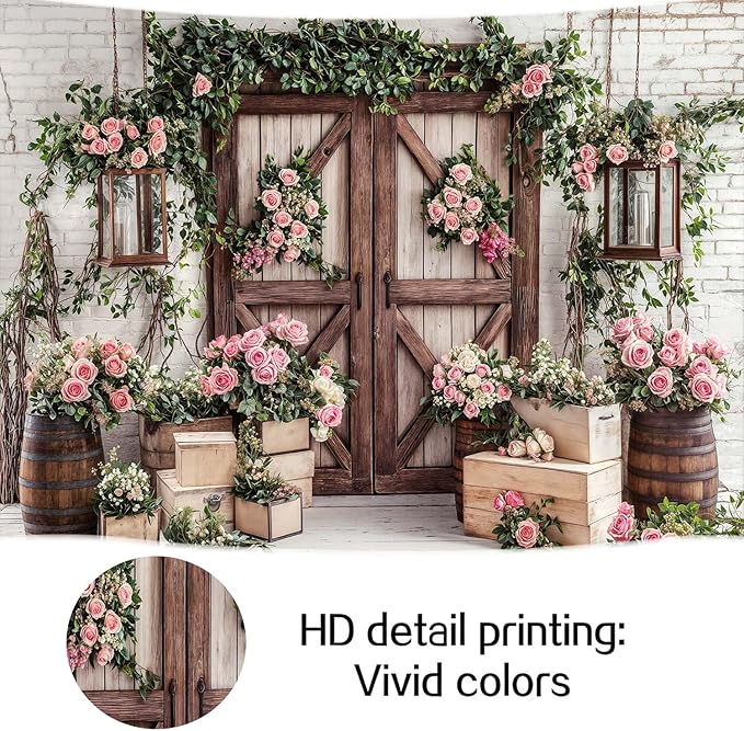 10x10ft Country Wedding Photography Backdrop Floral Rustic Roses Farmhouse Wooden Door Backdrop Pink Flower Birthday Baby Shower Wedding Bridal Party Banner Photo Booth Props Anniversary Background