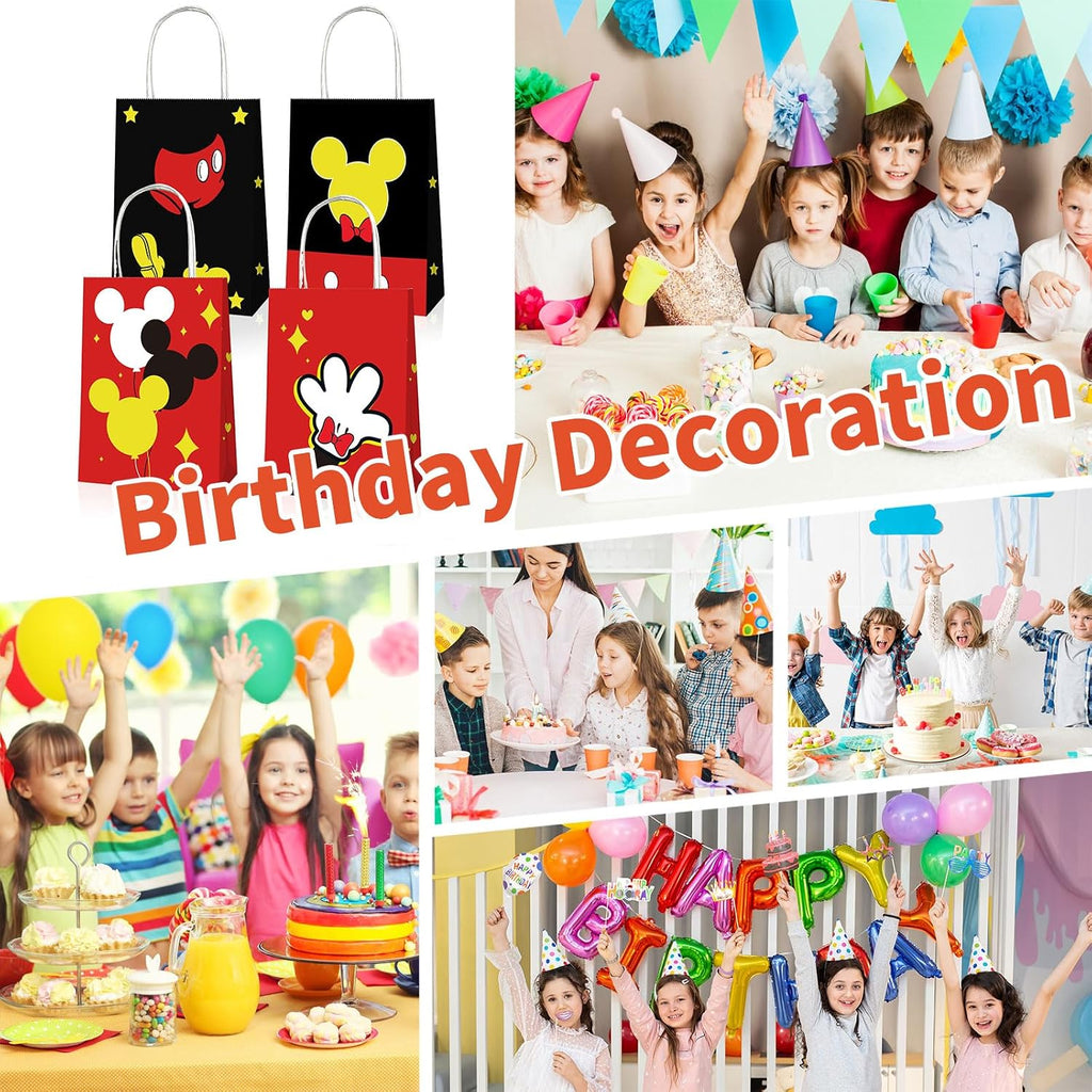 EBWHOLE 12 Pcs Cute Mouse Party Favor Bags, Cartoon Birthday Party Supplies Including 4 Patterns Double Sided Printed Candy Goodie Treat Bags with Handl (A)