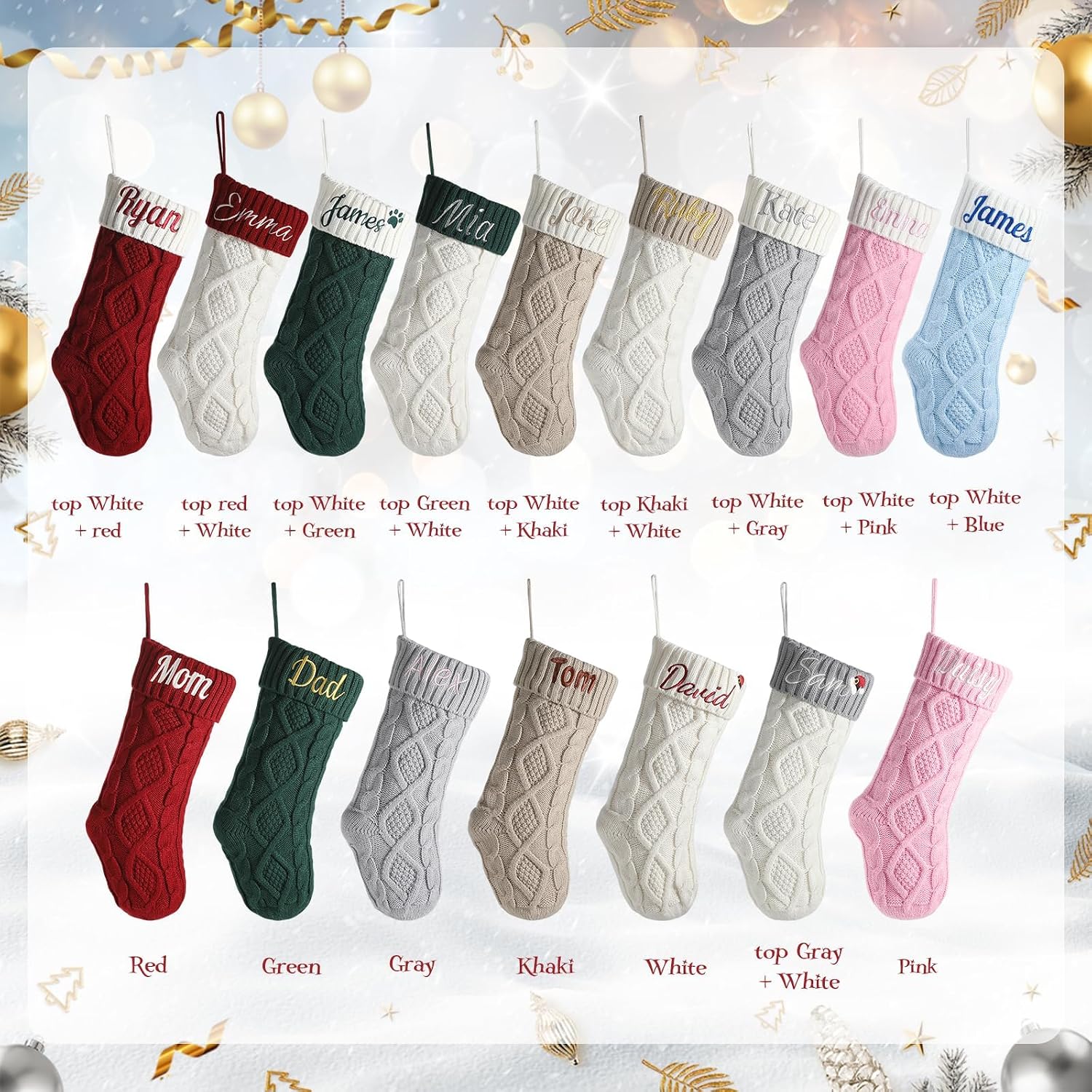 Personalized Christmas Stockings with Christmas Cards,Custom Embroidered Name Pink Christmas Stocking for Baby Kids Girl Family,18" Large Cable Knit Xmas Stockings for Fireplace