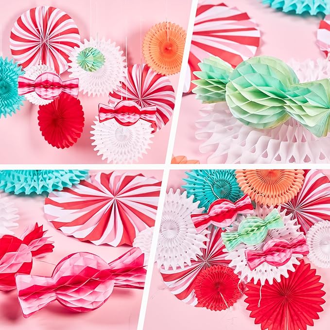 Christmas Hanging Paper Fans Decoration Christmas Peppermint Candy Hanging Ornaments Party Ceiling Hangings Deco Candy Tissue Paper Fans Backdrops Party Supply