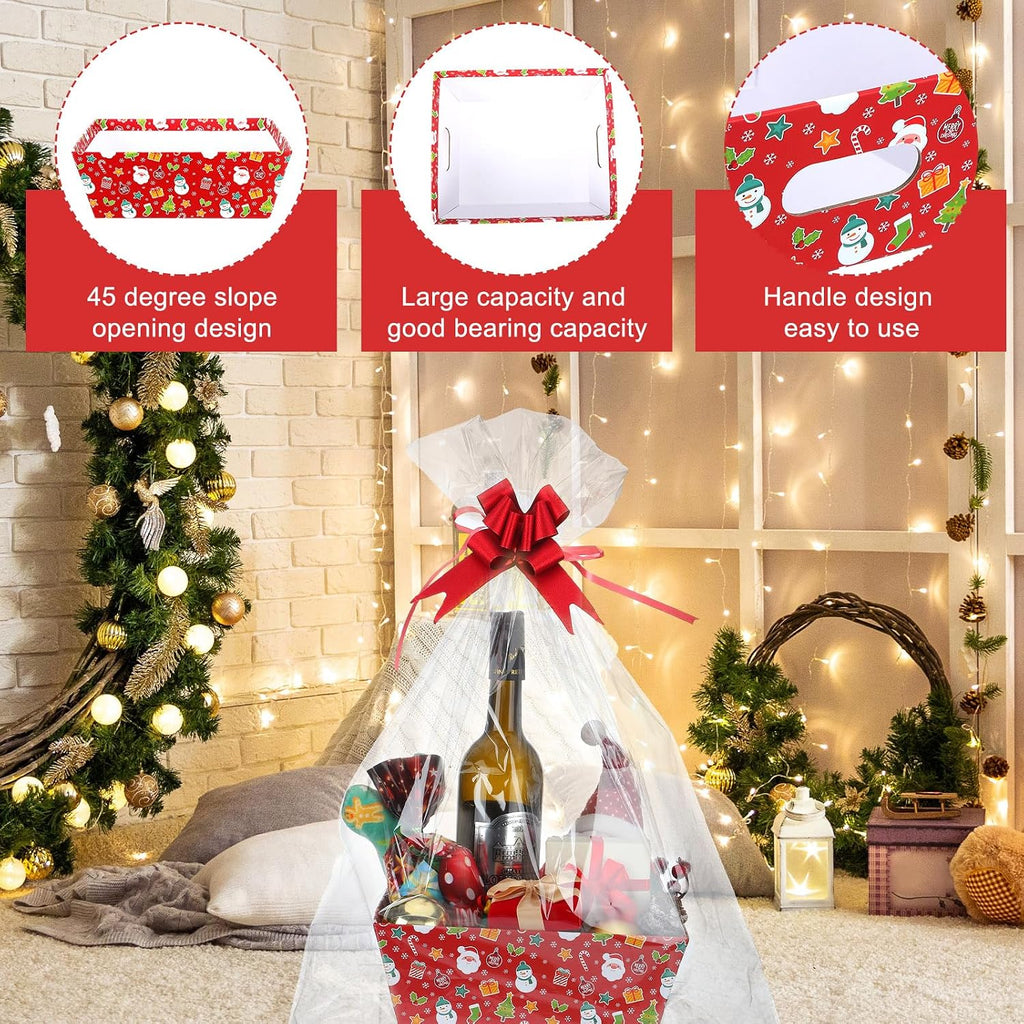 Cholemy 27 Pcs Christmas Baskets for Gifts Empty, Include Gift Baskets Empty with Handles Basket Bags and Red Pull Bows Cardboard Bags Kit for Xmas Birthday Holiday Wedding Party