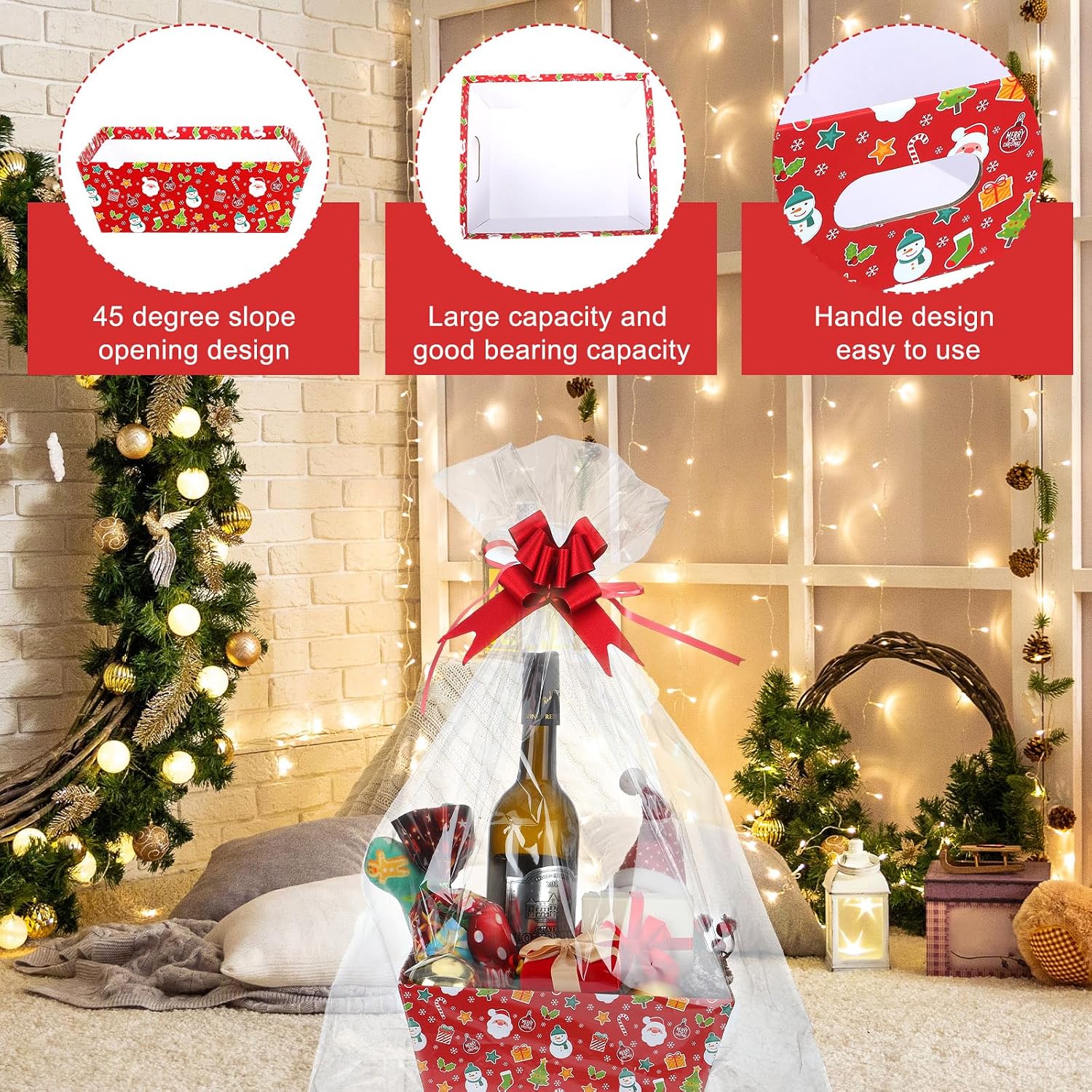 Cholemy 27 Pcs Christmas Baskets for Gifts Empty, Include Gift Baskets Empty with Handles Basket Bags and Red Pull Bows Cardboard Bags Kit for Xmas Birthday Holiday Wedding Party