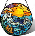 Stained Glass Window Hanging, Orange Sun Blue Sea Waves Landscape Suncatcher for Doors Window Home Sun Catchers Decor Mother's Day Birthday Gifts for Women, Men Mom 11.8 in