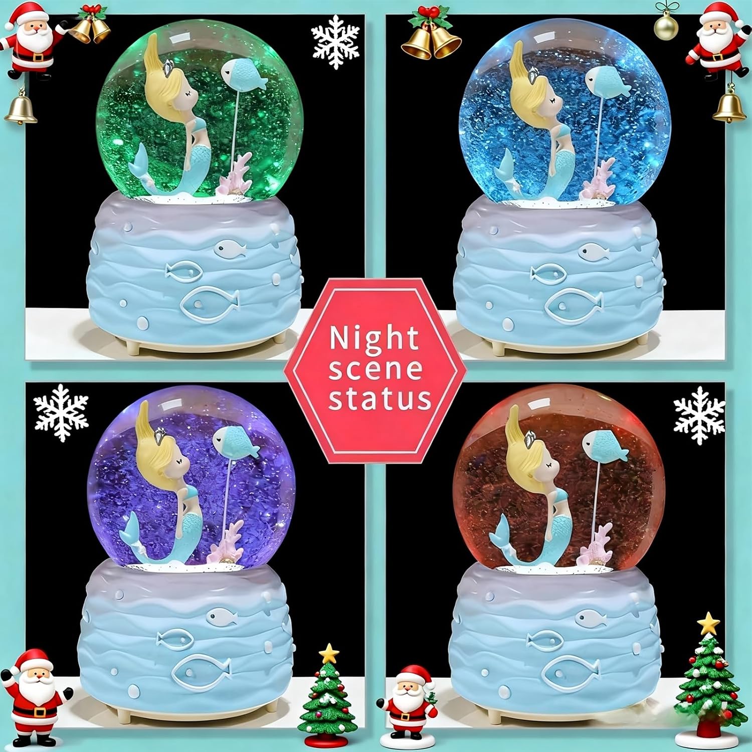 Snow Globes,Mermaid Snowglobes with Musical,LED Lights, Musical Snow Globe Music Box Color Lights