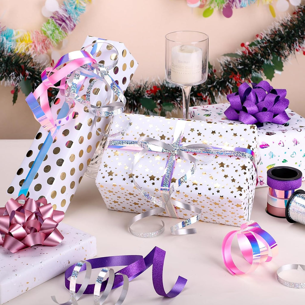 18 Pcs Gift Bows, 16 Assorted Size Gift Bows and 2 Crimped Curling Ribbons | Ideal for Party Gift Wrapping Birthday Decoration(6 Colors)