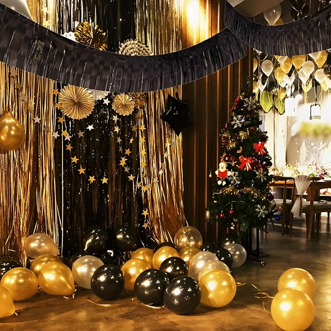 Black Foil Fringe Garland 10FT 2packs, Metallic Foil Tinsel Fringe Banners for Parade Float Decorations Wedding, Birthday Party Graduation (Two Black)