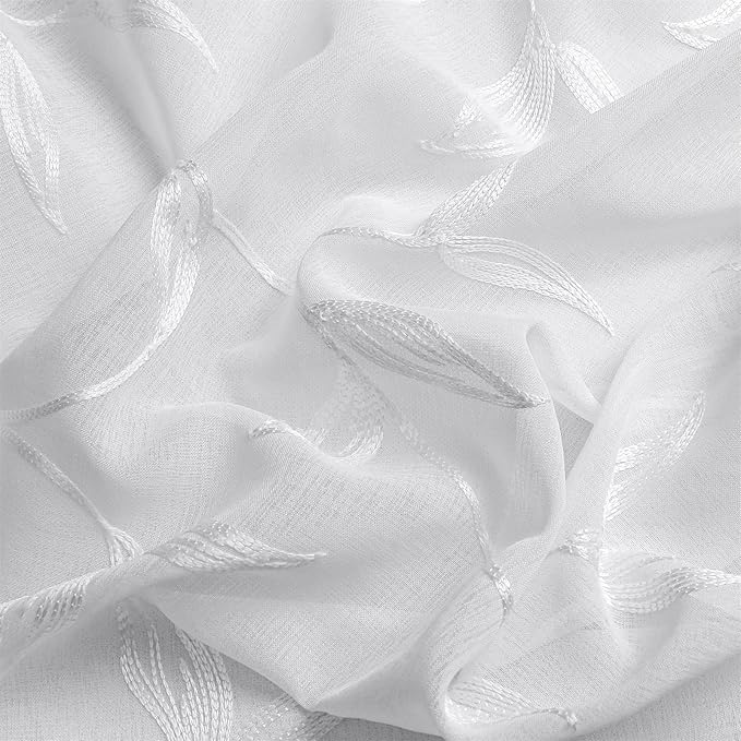 VISIONTEX White Sheer Voile Curtains, Decorative Leaves Embroidery Faux Linen Rod Pocket Window Drapes for Home Kitchen, Living Room and Bedroom 26 x 36 Inch, Set of 2 Curtain Panels