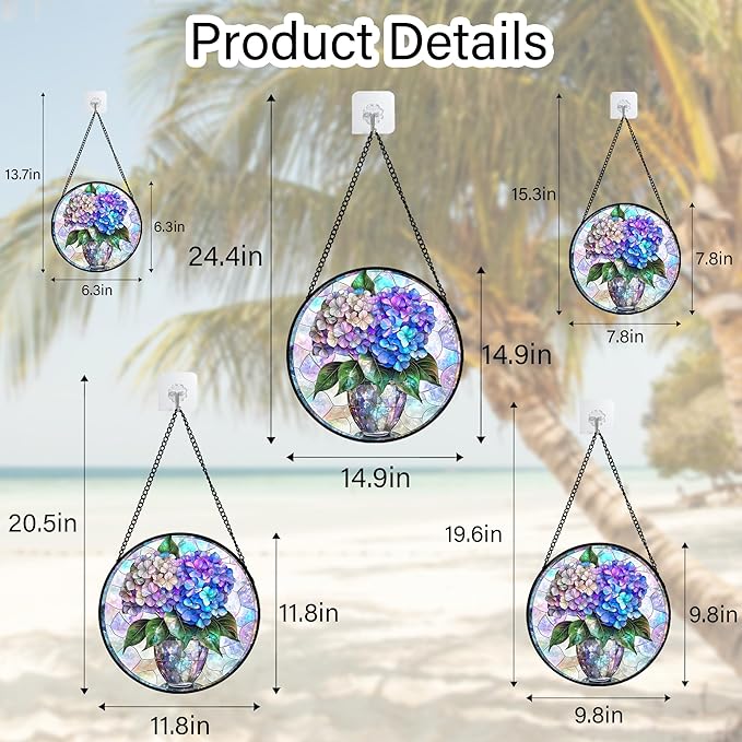 Stained Glass Window Hanging, Blue Purple Hydrangea Flowerpot Suncatcher for Doors Home Sun Catchers Decoration and Christmas, Mother's Day Birthday Gifts for Women, Men, and Mom 14.9 in