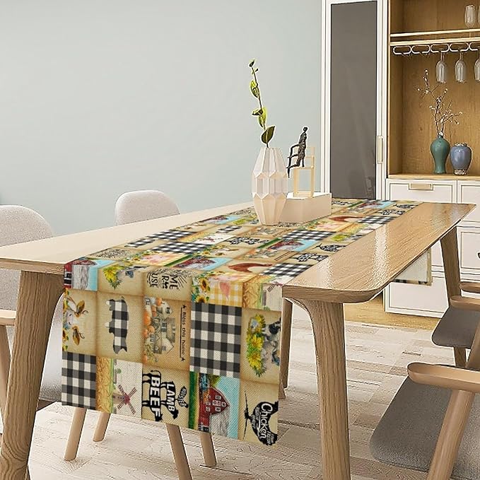 Farmhouse Animals Table Runner,Rustic Cabin Pig Chicken Cow Sunflowers Geometric Grids Burlap for Hotel Indoors Outdoor Dining Room Kitchen Holiday Party, 13x70in