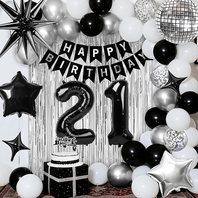 21st Birthday Decorations for Men Women, Black Silver Happy Birthday Party Decorations， 21 Year Old Party Supplies with Number 21 Balloons, Banner, Fringe Curtains Kit