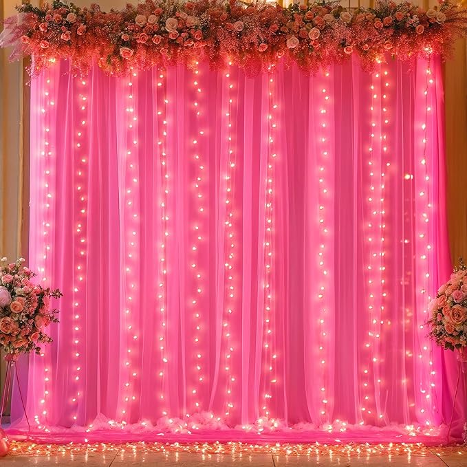 10ft x 10ft Hot Pink Tulle Photo Backdrop Curtain with Lights String for Parties Wedding Sheer Fuchsia Curtain Backdrop for Birthday Party Bridal Shower Photo Booth Photography Background Decorations