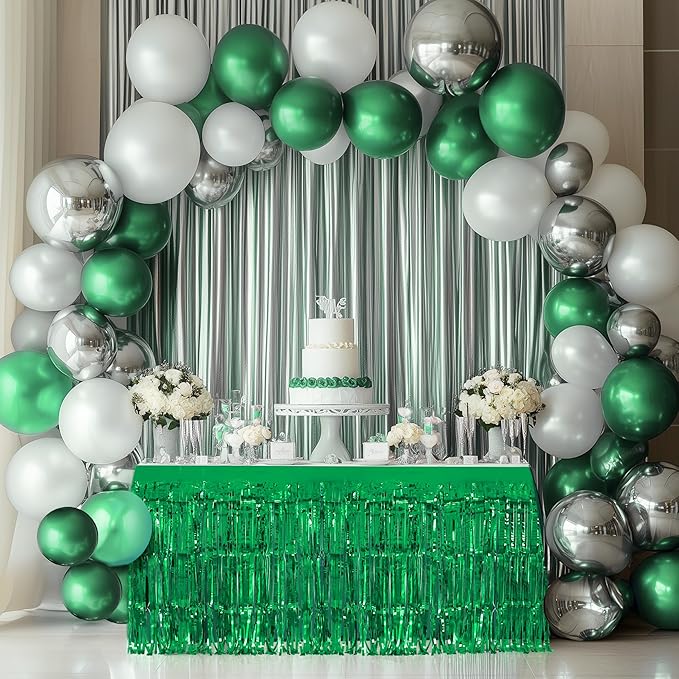 2 Pack Green Table Skirts, 29x108" Metallic Foil Tinsel Fringe Table Skirts for Rectangle Tables Streamer Curtains Backdrop, Party Decorations for Birthdays Weddings Holidays