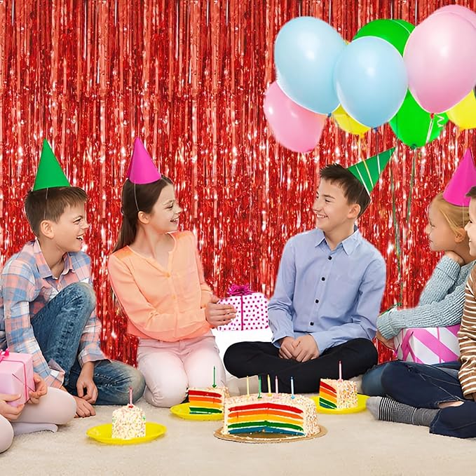 Red Foil Fringe Curtain 3.3×8.3FT 2 Packs, Metallic Tinsel Curtains Party Streamers for Birthday Graduation Baby Shower Decoration (2pcs,3.3FT×8.3FT, Red)