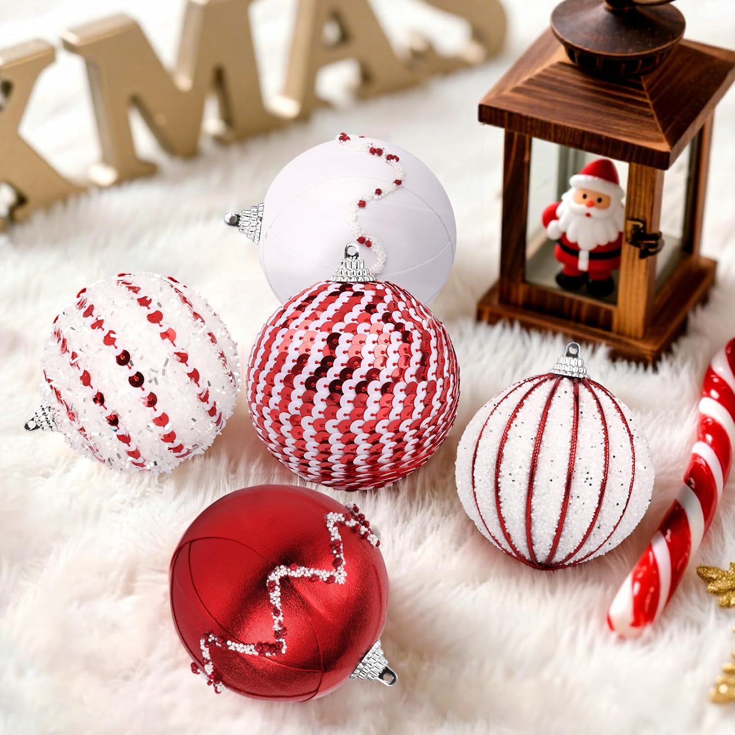 TranquilBliss Christmas Ball Ornaments, 3.14’’ 15 PCS Christmas Tree Decorations, Pre-Strung Hanging Balls Decorations for Xmas Tree, Wreath, Garlands, Holiday Party Home Decor (Red and White)