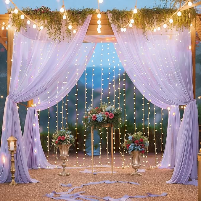 10ft x 10ft Lavender Chiffon Backdrop Curtain with Lights String for Parites Wedding Wrinkle Free Curtain Photo Backdrops Drapes for Baby Shower Birthday Party Home Decorations