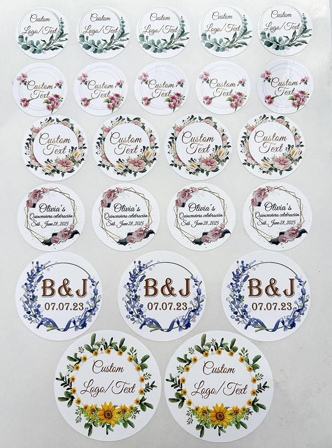 Custom Stickers for Weddings, Birthdays & Businesses - Personalized Labels with Your Logo - Waterproof, Fade and Heat Resistant - Pack of 100-1000 (Wreath F, 3 Inch)