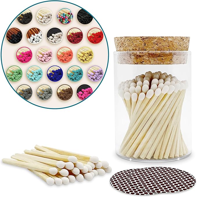 2" Matches in a Chic Jar + Striker Stickers Included | 100 Matchsticks in The Color of Your Choice | Decorative Safety Matches with a Cork Top Glass Holder | Gifts & Home Decor by Thankful Greetings