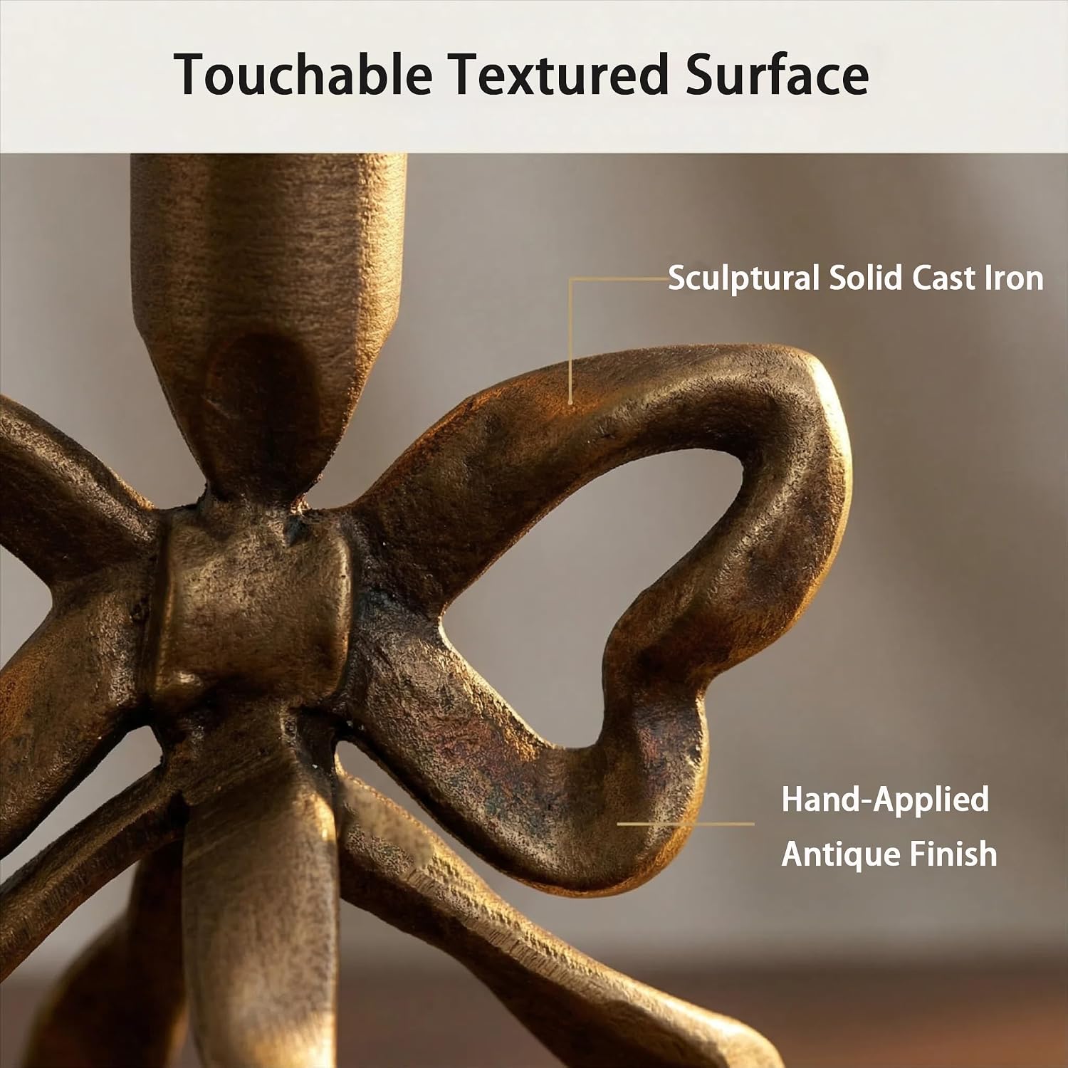 Heavy Cast Iron Dancing Bow Taper Candle Holders, Ribbon-Inspired Sculptural Design, Fits 7/8" Candlesticks, Vintage Metal for Mantel, Tabletop & Seasonal Decor (2, Brass)