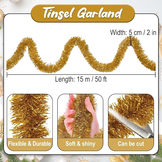 50 Feet Champagne Gold Christmas Tinsel Garland, Metallic Foil Twist Banner Wall Hanging Tinsel Streamers Backdrop for Parade Floats, Christmas, Mother's Day, Birthday Party Decorations(2in x 50ft)