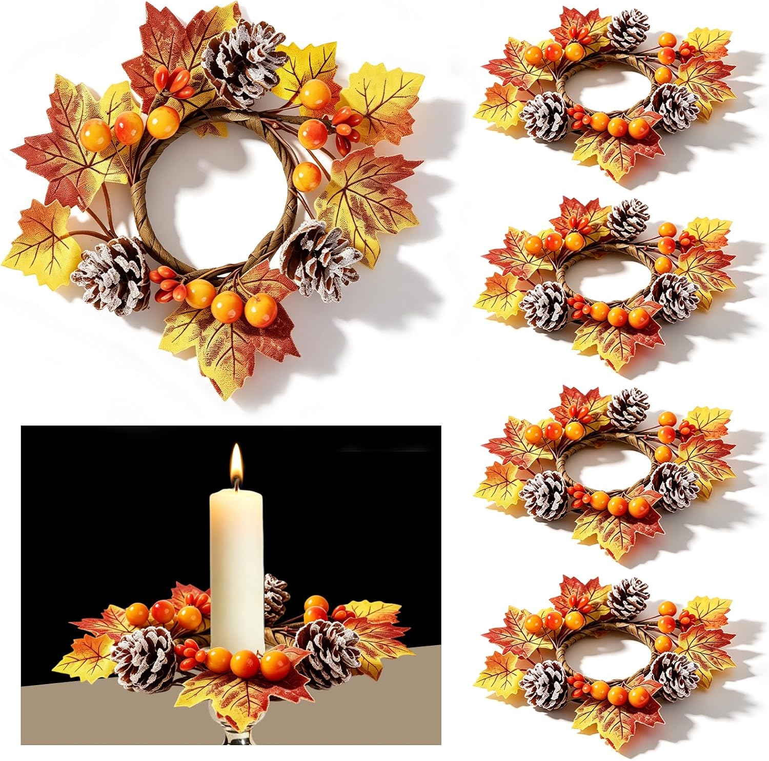 6 PCS Fall Taper Candle Rings 1.38" Mini Thanksgiving Taper Candle Holder Wreaths with Maple Leaves Pine Cones Berries Autumn Harvest Table Centerpieces Decor for Candlesticks Farmhouse Home Decor