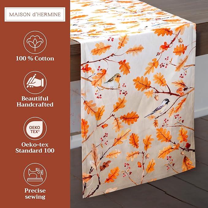 Maison d' Hermine Table Runner 100% Cotton Single Layer Table Runners 72 inches Long for Thanksgiving Christmas Decorations Home Kitchen Dining Party Wedding (Oak Leaves, 14.5" x 72")