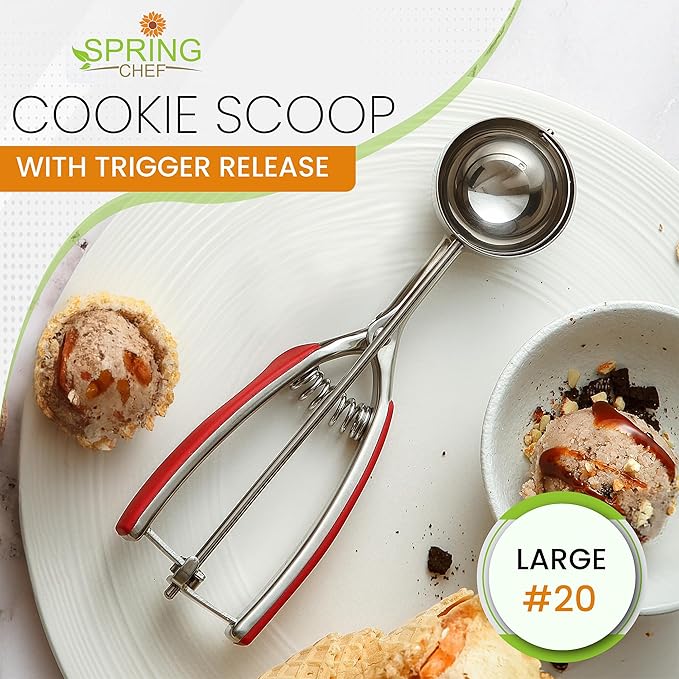Spring Chef Red Large Stainless Steel Cookie Scoop for Baking - Multifunctional #20 Melon Baller with Trigger Release, 2.93 Tbsp Food Scooper for Ice Cream - Dishwasher Safe Cookie Dough Scoop