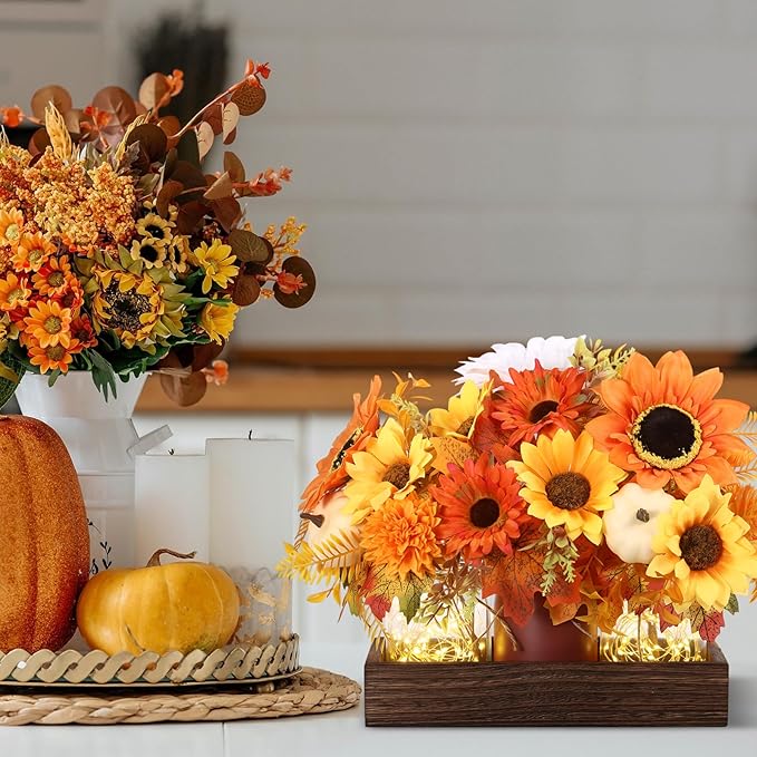 3 Pcs Fall Thanksgiving Tables Centerpieces Mason Jar Table Decor Set, Farmhouse Autumn Pumpkin Maple Leaf Branches Potted Plant with Wood Tray & LED Light, Harvest Dining Table Centerpieces