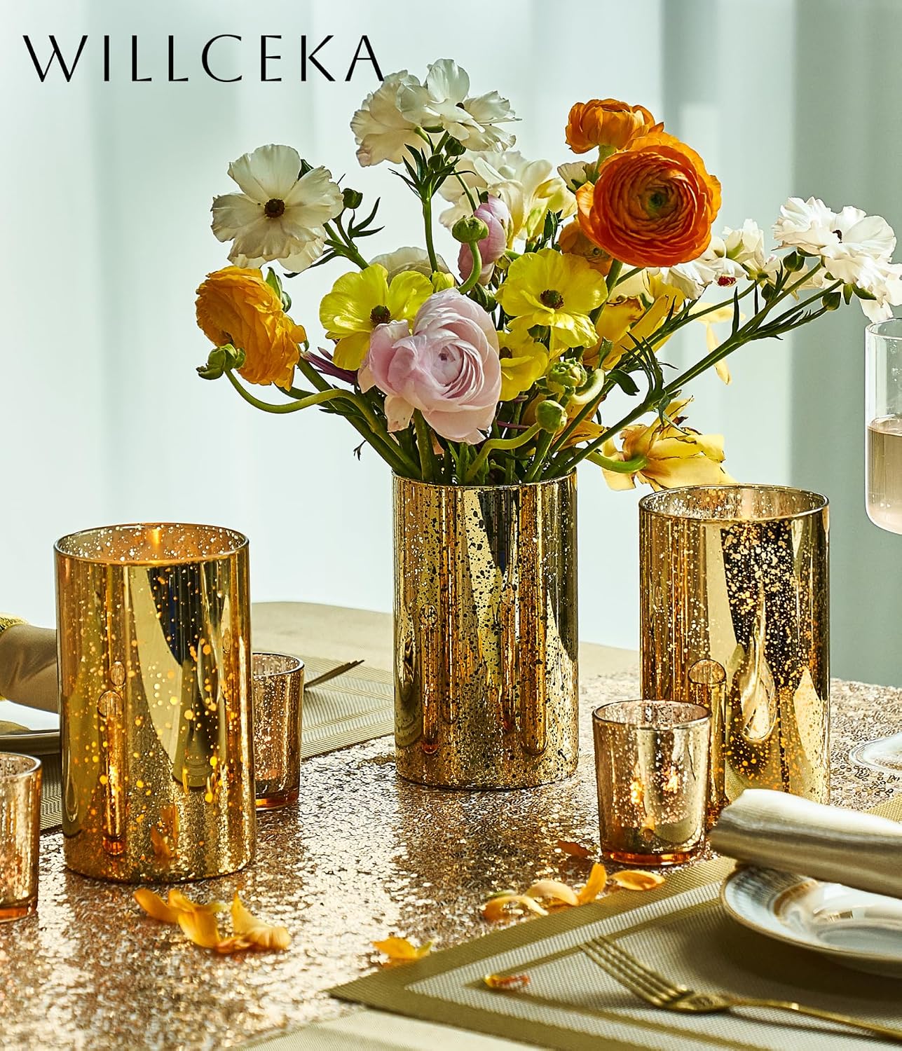 Willceka Gold Cylinder Vases for Centerpieces, Modern Glass Vase Set of 12 Decorative Hurricane Candle Holder for Pillar Candle Holders Flowers for Table Centerpiece