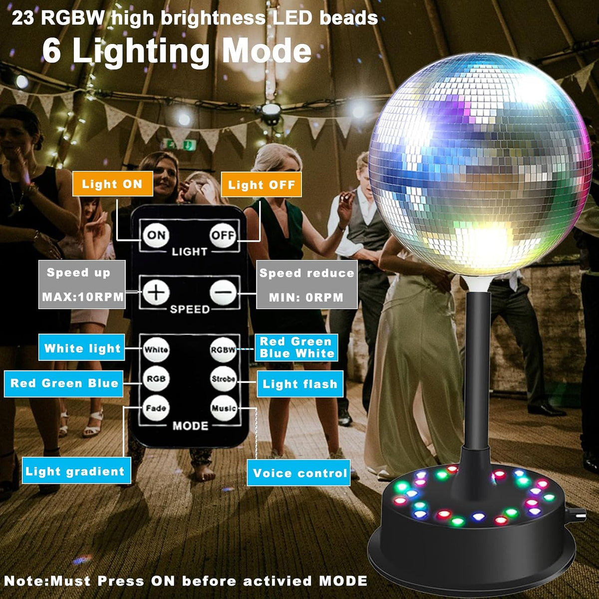 Mirrors Ball Light with Remote, 23 RGBW LED Adjustable Rotating Motor 5-10 RP...