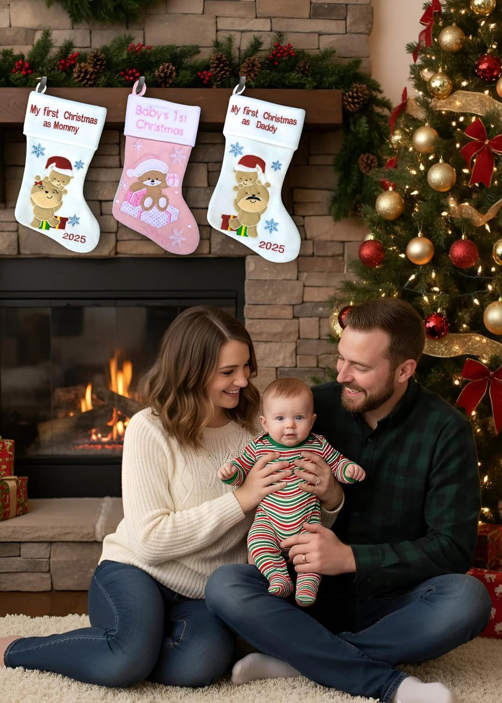 Heart's Sign Babys First Christmas Stocking 2025 - My 1st Christmas Baby Boy & Girl | 1st Xmas as Mommy and Daddy