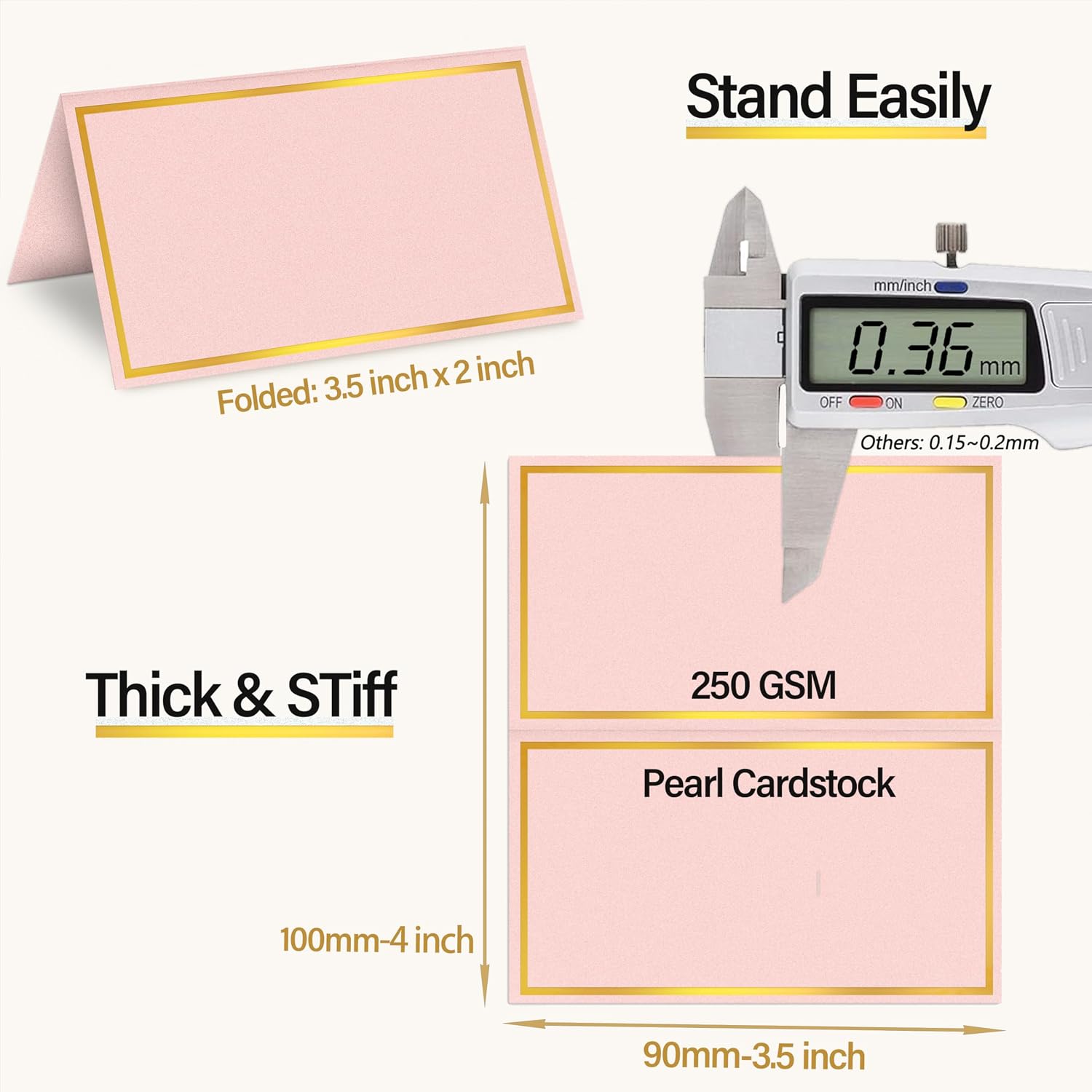 Gold Foil Place Cards for Table Setting，100PCS Table Name Cards | Pearled Tent Cards,250gsm Avery Table Cards for Wedding,Party Buffet, Reserved Seating Sign,Meeting,Banquets, Peach Pink