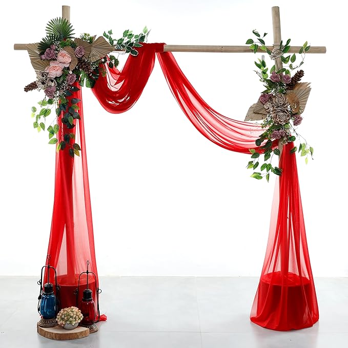 VDS Pack of 2 Panel (30 Inch X 30 Feet) Wedding Arch Draping Fabric Sheer Chiffon Fabric Drapery for Wedding Ceremony Reception Swag Backdrop Canopy Chuppah ARBO Altars Decoration (Red)