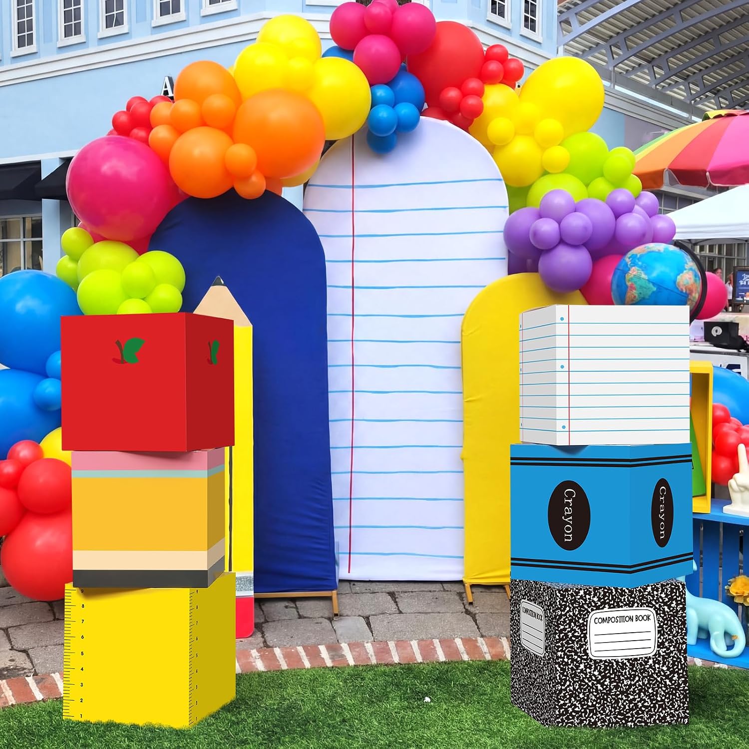 Kolldenn 6 Pcs Back to School Balloon Box Decorations, First Day of School Decoration Include Composition Notebook Pencil Crayon Theme for Preschool Kindergarten Classroom Party Photo Booth Props