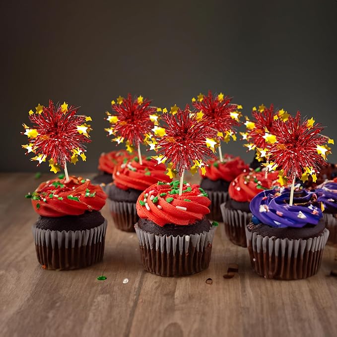 Ephlyn 30Pcs Foil Firework Cupcake Toppers Party Birthday Cake Toppers Supplies Sparkle Tinsel Cocktail Fruit Toothpick for Birthday Wedding Graduation Party Red