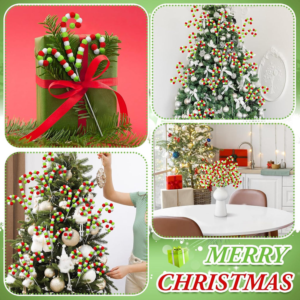 Gejoy 12 Pcs Christmas Tree Picks and Sprays White Red Green Christmas Picks 12'' Candy Cane Lime Green Pompom Peppermint Tree Topper Elf Ornament for Xmas Wreath Vase Filler Branches Decoration