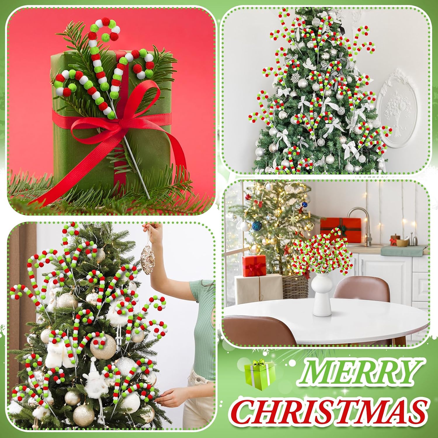 Gejoy 12 Pcs Christmas Tree Picks and Sprays White Red Green Christmas Picks 12'' Candy Cane Lime Green Pompom Peppermint Tree Topper Elf Ornament for Xmas Wreath Vase Filler Branches Decoration