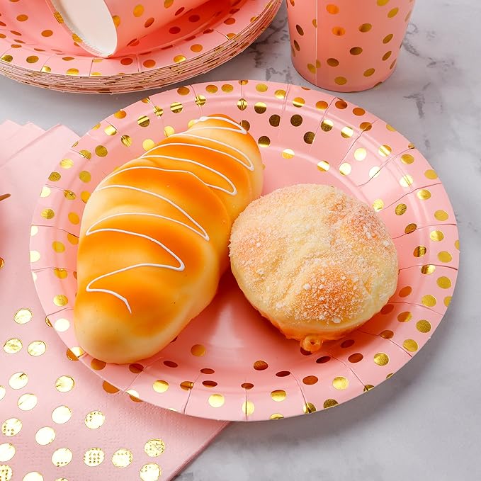 Sveikie160 Pcs Pink And Gold Paper Plates, Birthday Cake Party Plates And Napkins, Wedding Disposable Utensils For Birthday Graduation Wedding And Holiday Celebrations Serves 40 (Pink)