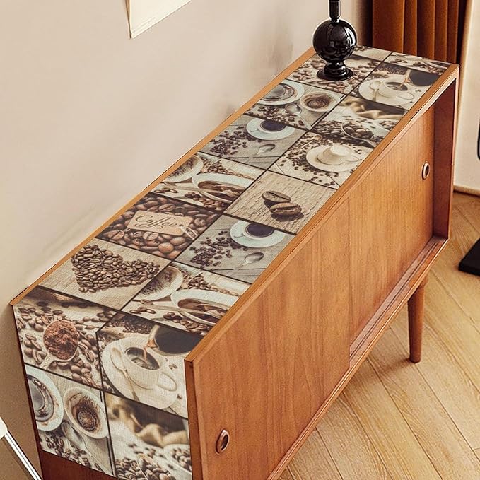 Coffee Theme Table Runner, Rustic Farmhouse Coffee Cup Latte Cappuccino Tea Party Cafe Table Center Decor for Home Kitchen Dining Patio Holiday Party Indoor Outdoor Table Decorations, 13"x36" Inch
