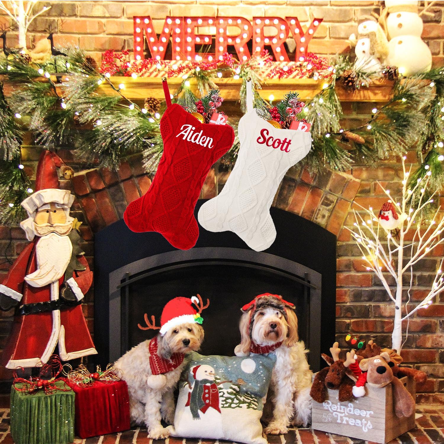 1Pc Personalized Dog Christmas Stockings, Custom Embroidered Name Pet Dog Stockings Christmas, Family Knitted Bone Xmas Stocking with Name for Dogs