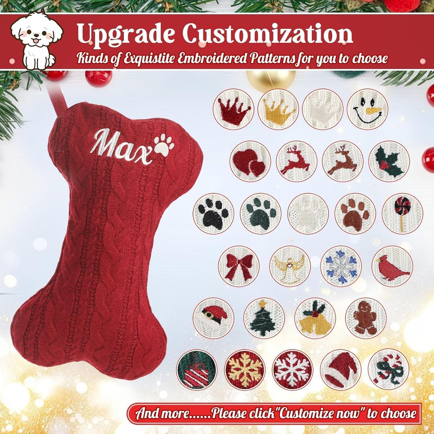 Personalized Dog Christmas Stockings - Custom Embroidered Pet Name & Bone Shape Stocking for Doggie, 15.7” Large Knit Monogram Xmas Stockings for Fireplace Holiday Decor Gift(1 Pack)