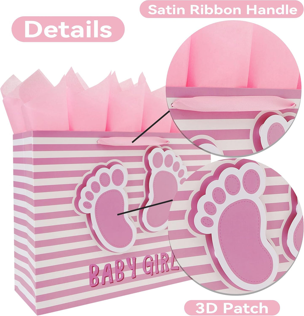 16.5'' Extra Large Baby Girl Gift Bag Set with Handles, Greeting Card, Pink Tissue Papers and Stickers for Girls Kids for Baby Shower, Girls' Birthday Party, Newborn, New Moms, Little One, 1st Baby, 3D Footprints Design, 1 Pcs