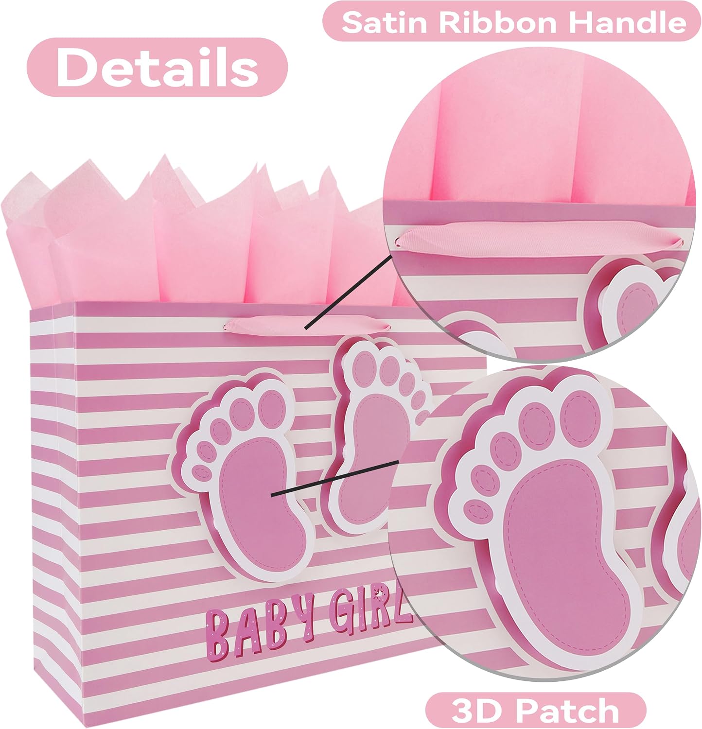 16.5'' Extra Large Baby Girl Gift Bag Set with Handles, Greeting Card, Pink Tissue Papers and Stickers for Girls Kids for Baby Shower, Girls' Birthday Party, Newborn, New Moms, Little One, 1st Baby, 3D Footprints Design, 1 Pcs
