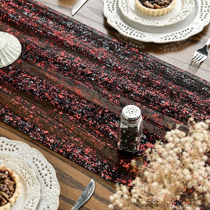 Artoid Mode 3PCS Black Red Gold Gauze Table Runner 120 Inch 10FT, Glitter Metallic Foil Sheer Dining Wedding Anniversary Holiday Table Decor for Home Party
